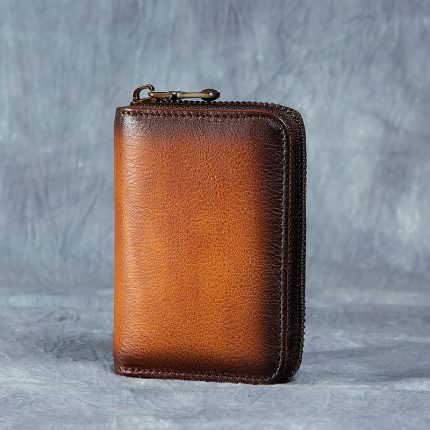 Men's Vintage Genuine Leather Short Wallet - Top-Grain Leather, Large Capacity Zipper Style, Handmade Retro Design