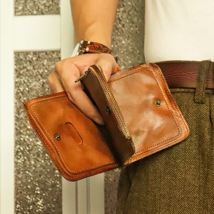 Men's Vintage Top-Grain Leather Wallet - New Double-Fold Short Style with Zipper, Handmade Distressed Finish