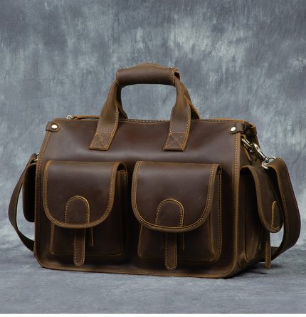 Men's Vintage Crazy Horse Leather Briefcase - Handmade Imported Top-Grain Leather, Convertible Handbag & Crossbody